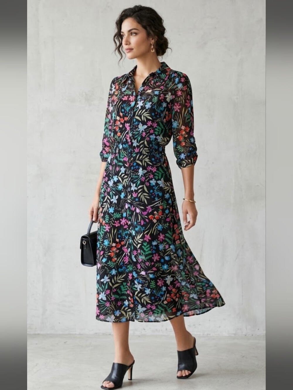 Maggy London Floral Chiffon Button Front Shirtdress Ruched 3/4 Sleeve Size 12